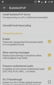 Application settings panel displaying network configuration and casting options optimized for a chromecast stream
