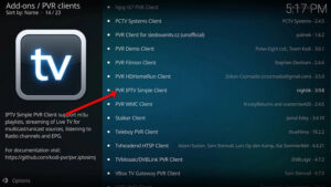 Media player application menu showing live television data sync and streaming configurations for kodi iptv